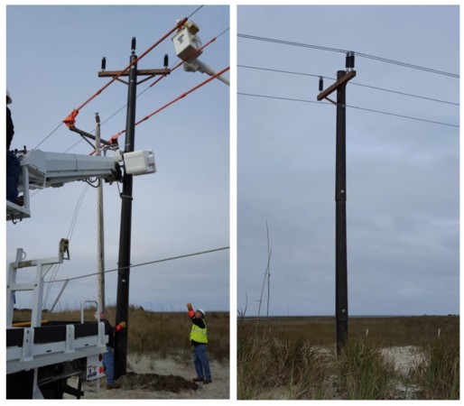 Tideland EMC installs the Intelli-Pole® at Ocracoke Island, NC on Wednesday, January 6, 2016. Highland Composites provided comprehensive installation support at the site.
